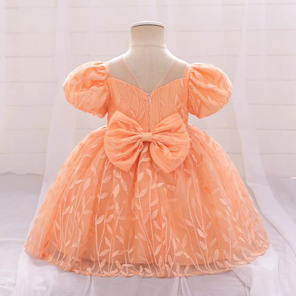 Infant Girl Leaf Embroidery Dresses Baby Girls Party Dress Toddler 1st Birthday Baptism Bow Gown Kids Puff Sleeves Evening Wear