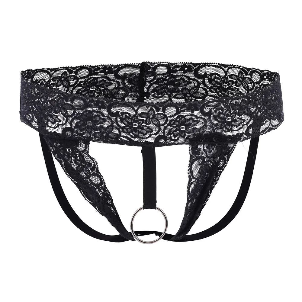 

Men Erotic Jockstrap Gay Sexy Metal Cock Ring Crotch Opening Hollowed Out Transparent Sissy Lace Floral Crotchless String Bikini