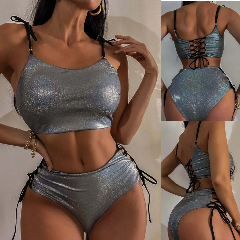 2023 New Women Shiny Metallic Dance Party Clubwear Sleeveless Crop Bra Top Shorts Panties 2 Piece Outfits Pole Dancing Costumes