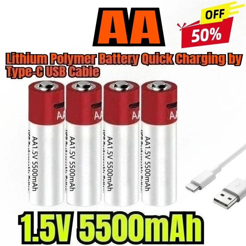 

1.5V AA Rechargeable Battery 5500mAh USB Rechargeable AA Battery Lithium Polymer Battery Quick Charging by Type-C USB Cable