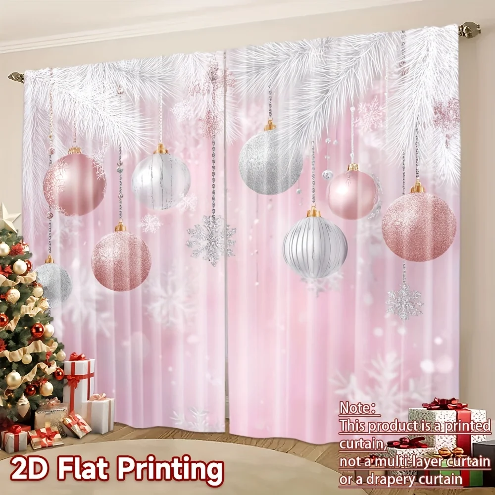 2PCS Christmas Winter Curtains, Pink Silver Bauble Pine Snowflake, Digital Print, Bedroom Living Room, Rod Pocket, Home Decor