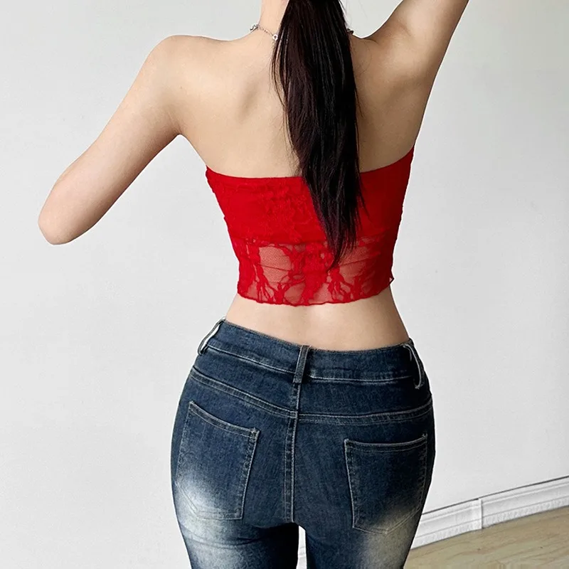 European Style 2025 Summer New Women's Clothing Solid Color Slim-fit Street Fashion One-word Collar Gauze Chest-wrapped Vest