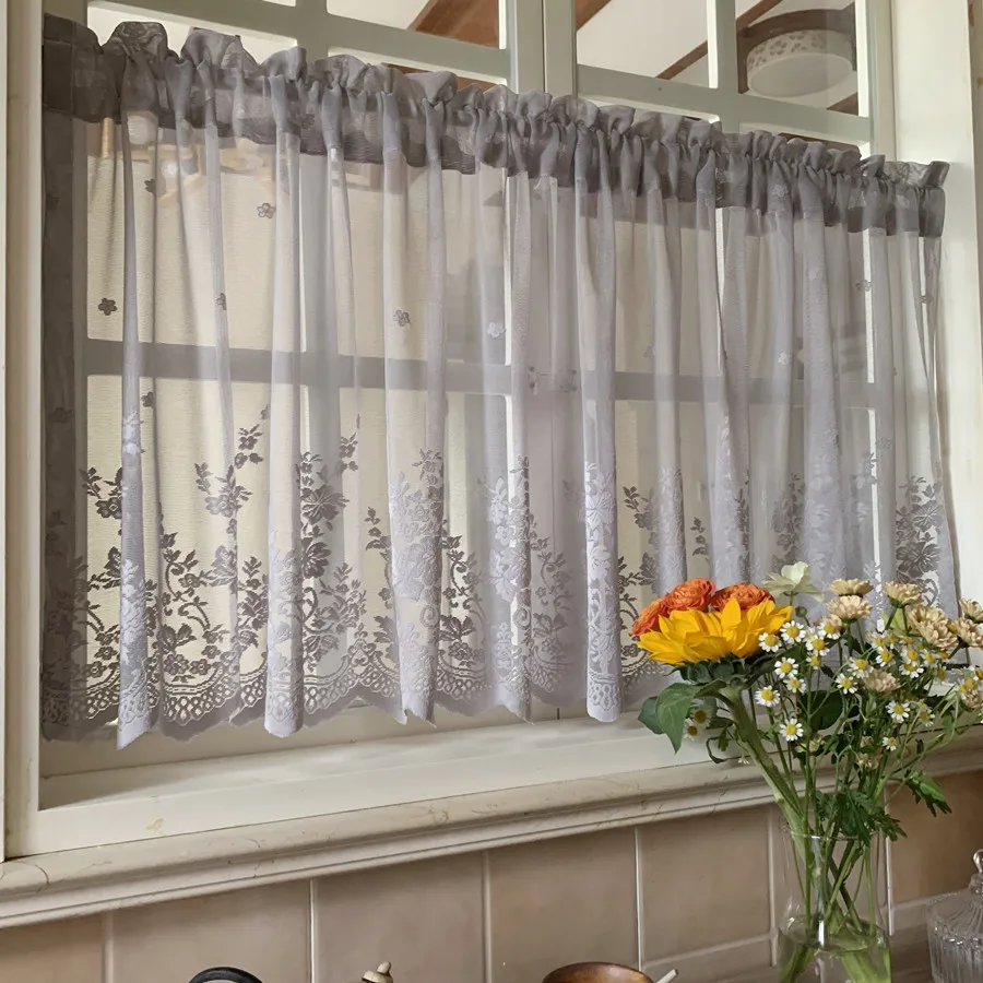 European style pastoral lace embroidery short curtain kitchen cabinet door coffee half curtain partition decoration dark green