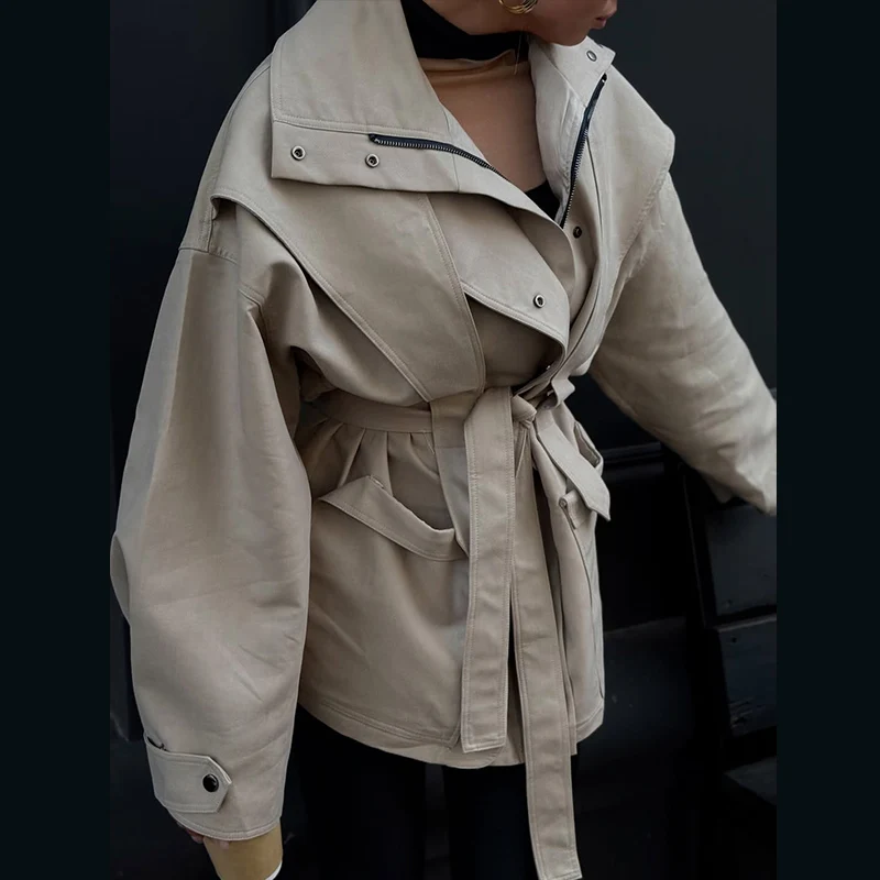 Damen-Windbreaker mit Revers und Schnürung, einreihiger Trenchcoat für Frühling und Herbst, langärmelige, schmale Jacke, neue Oberbekleidung – Detail 21