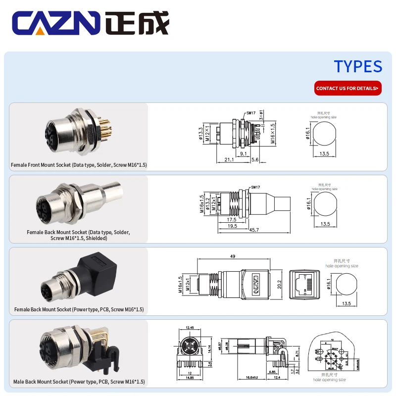 M12 Angle Female Metal Socket 8 Pins X-Code Receptacle Data Type - Back/Front Mount
