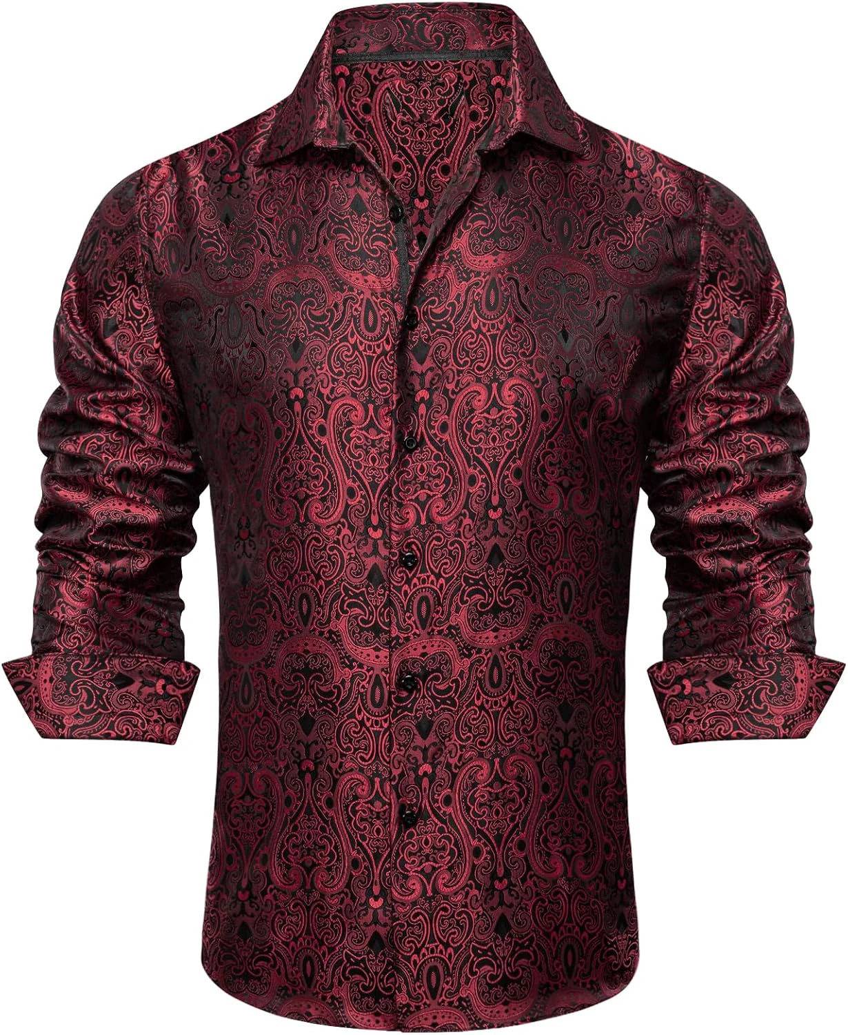 2026 Men's Light Luxury Smooth Satin Texture Polyester Fiber Long Sleeve Shirt Burgundy Printed Shirt Holiday Performance Party