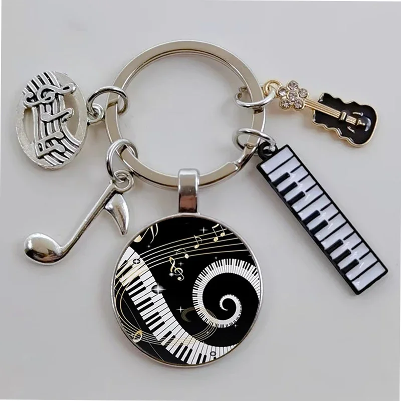 New piano note pendant glass convex round Keychain piano keyboard glass shrapnel DIY Keychain gift pendant