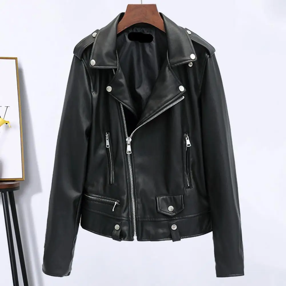 Short Design Jacket Stylish Women's Faux Leather Motorcycle Jacket with Zipper Decor Turn-down Collar Chic Outerwear for Travel