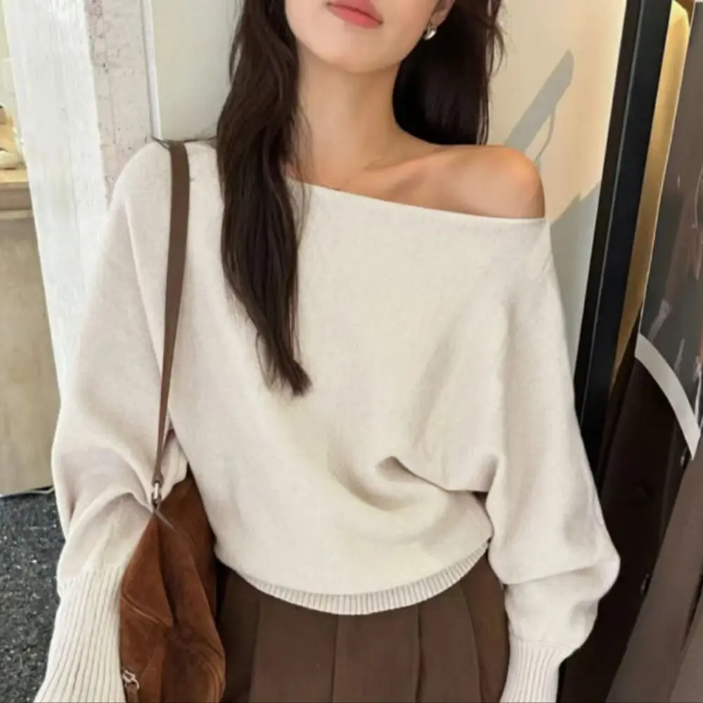 New Long Sleeve Knit Top Loose Thin Beach Top Off-Shoulder Knitted Cardigan Beach Vacation