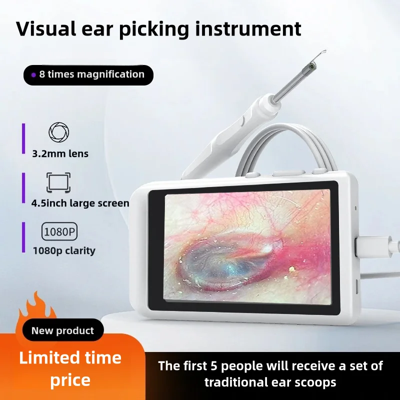 3.9mm/3.2mm Visual Ear Cleaning Instrument 4.5 Inch 500W LCD Screen  Children's Ear Wax Clean Endoscope With 32G TF Card