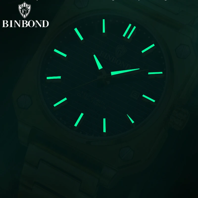 BINBOND B570 Luxury Square Business Men\'s Quartz Watch 30M Waterproof Luminous Calendar Stainless Steel Strap Fashion Men Watch