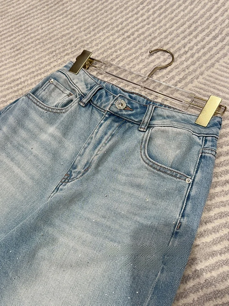 

Женские джинсы с высокой талией, прямые, широкие, из денима с блестками, модные, весенние, из смесового хлопка, удобные, с алмазной отделкой