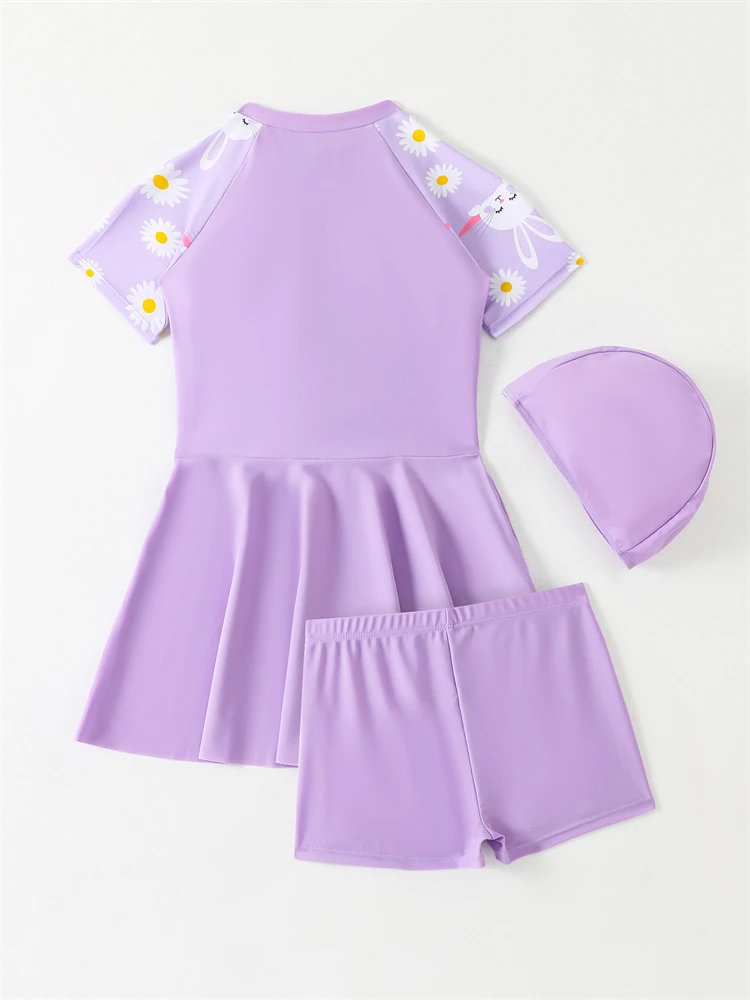 Kids Swimsuit Girls Swimwear 2026 New Solid Print Short Sleeve Dress Zipper Children Swimming Shorts Beach Bathing Suit 3 Piece