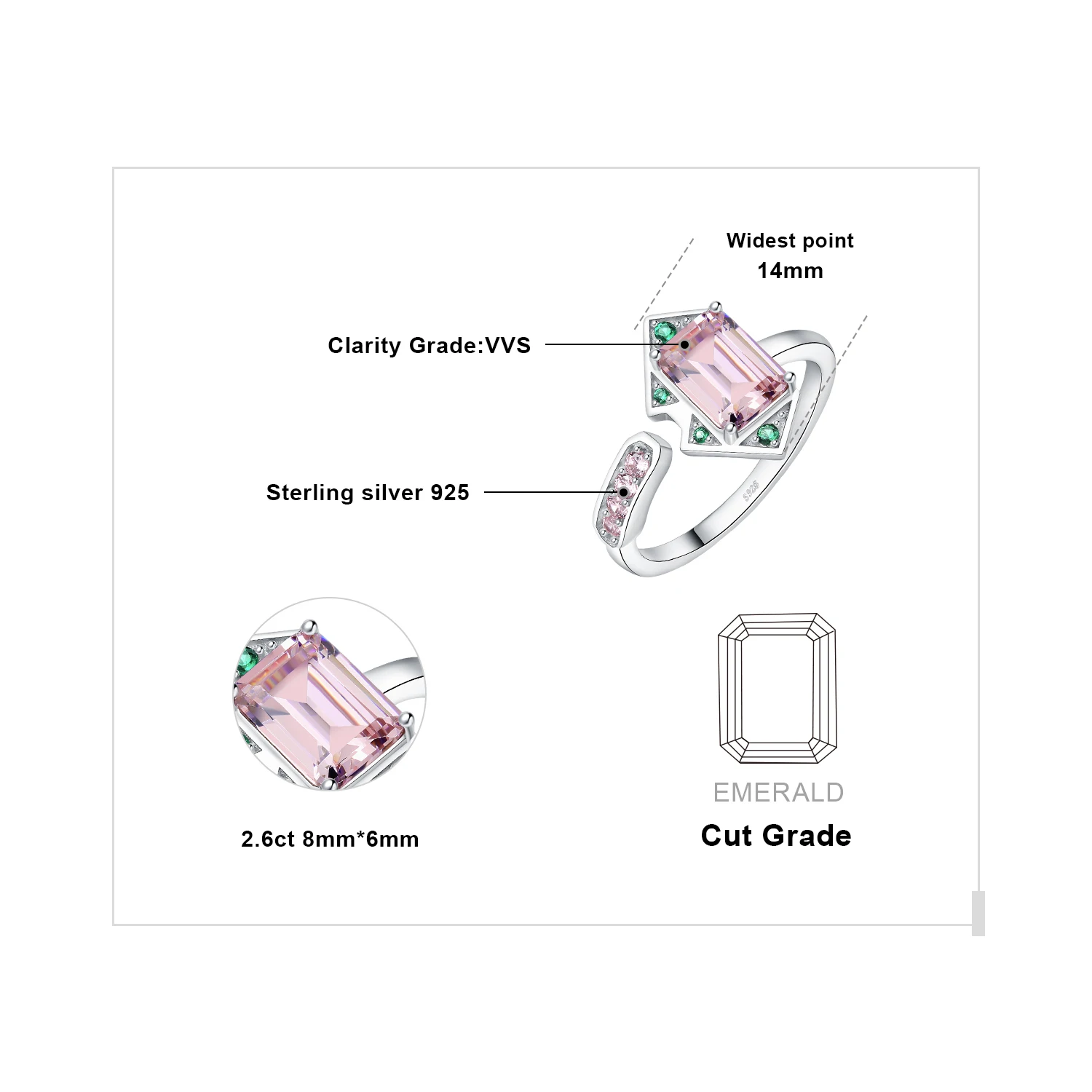 JewelryPalace New Arrival Geometric 2.8ct Pink Gemstone 925 Sterling Silver Adjustable Cocktail Ring for Woman Fashion Jewelry