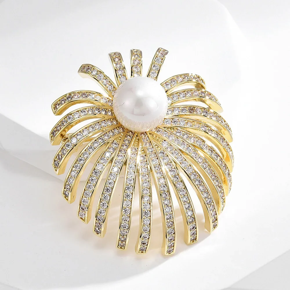 

Luxurious Gold-plated Firework Pearl Brooch Full Zircon Inlaid Flower Corsage Women's Dress Decoration Accessories Jewelry