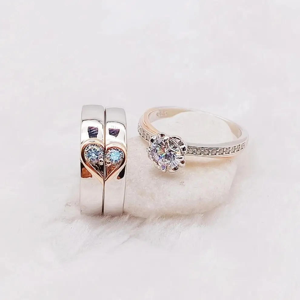 Alliances 3pcs Rose Golden Heart Shape Cz Diamond Marriage Wedding Engagement Rings Real 925 Sterling Silver Jewelry Couple Ring