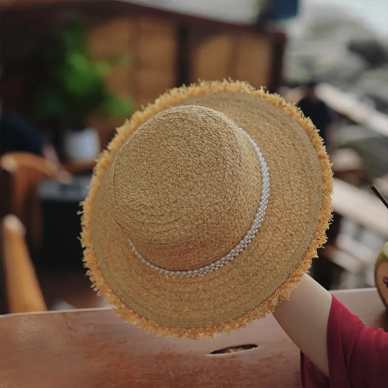 sun-protection-beach-hat-large-brim-round-top-ethnic-sle-hat-for-women-vaion-holiday-hat-face-slimming-small-frayed