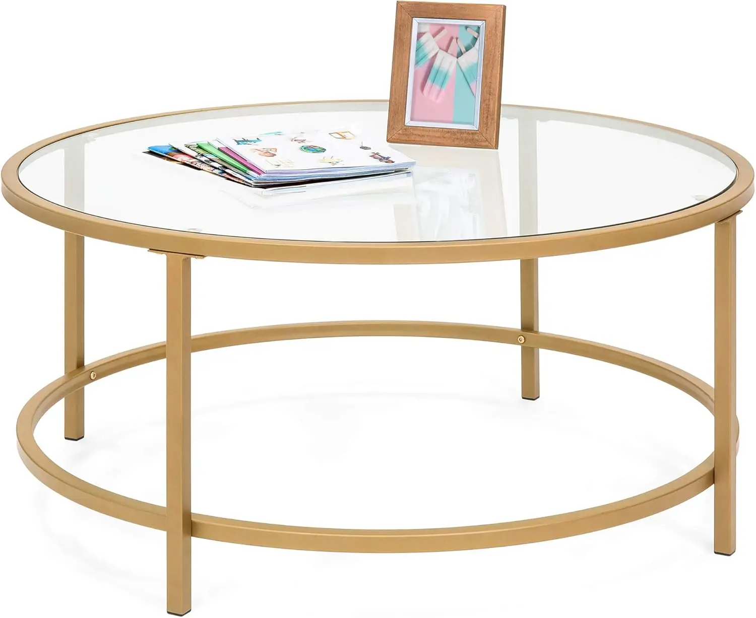 

36in Modern Round Tempered Glass Accent Side Coffee Table for Living Room, Dining Room, Tea, Home Décor w/Satin Trim, Metal