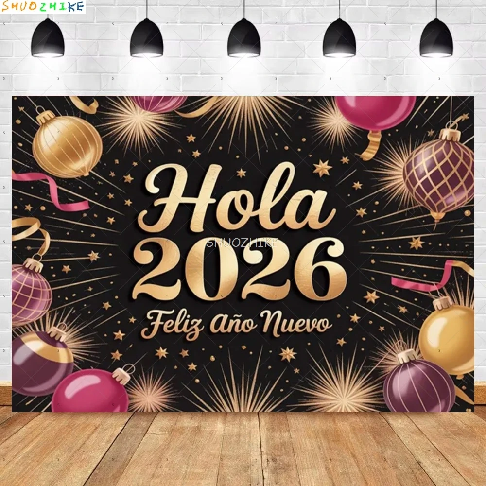 

2026 Gold Happy New Year Background Glitter Clock Champagne Lights Balloons Christmas Family Party Photography Backdrop NY-12