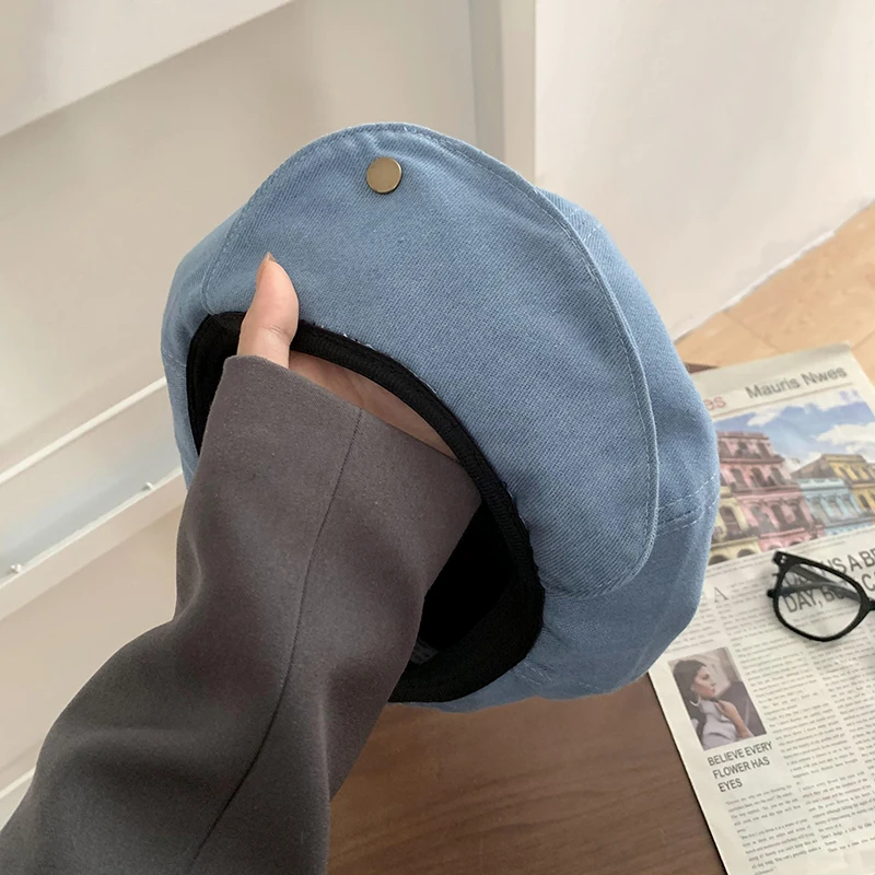 Japanese Flanged Blue Denim Berets Caps for Women Spring and Autumn Niche Design Bud Painter Hat Oversized Retro Octagonal Hats