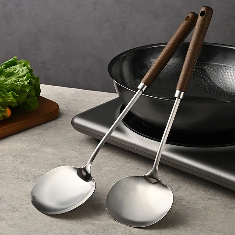 Stainless Steel Wok Spatula Chef-specific Cooking Spoon Wooden Long Handle Mushroom Shovel Kitchen Cooking Utensils