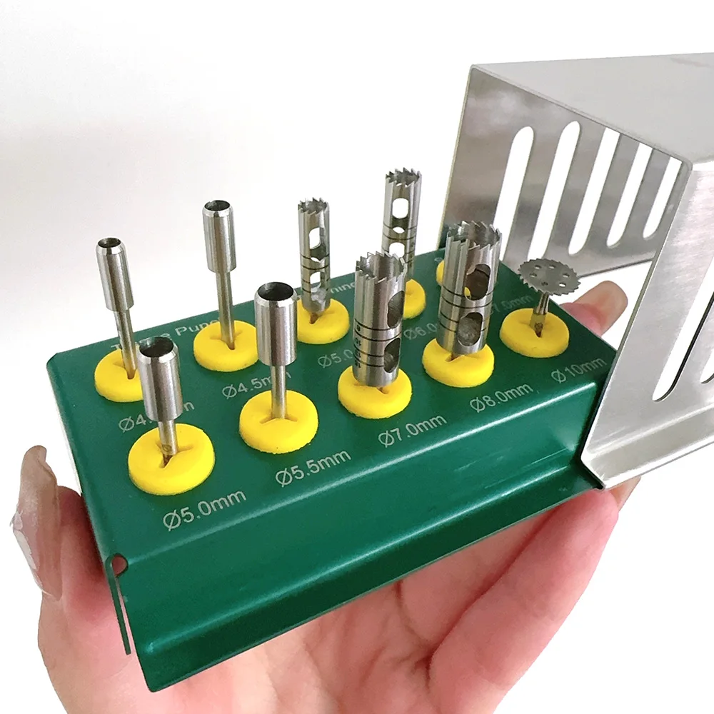 Dental Implant Trephine Kit with Hollow Bone Ring Cutter, Gingival Tissue Punch, Positioning Drill and Sterilization Box