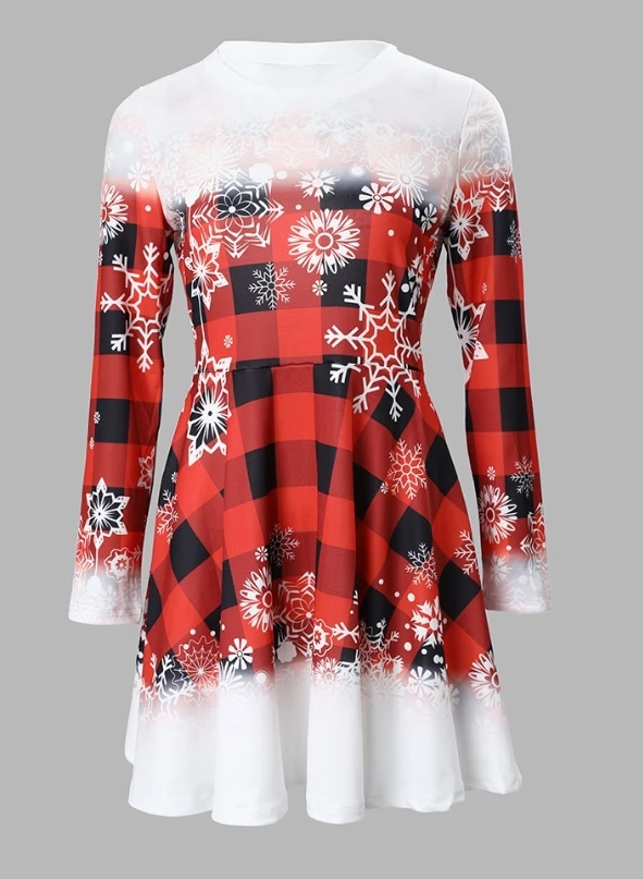 Women's 2024 New Christmas Snowflake Grid Printed Casual Dress Round Neck Long Sleeve A-line Dress Mini Christmas Dress