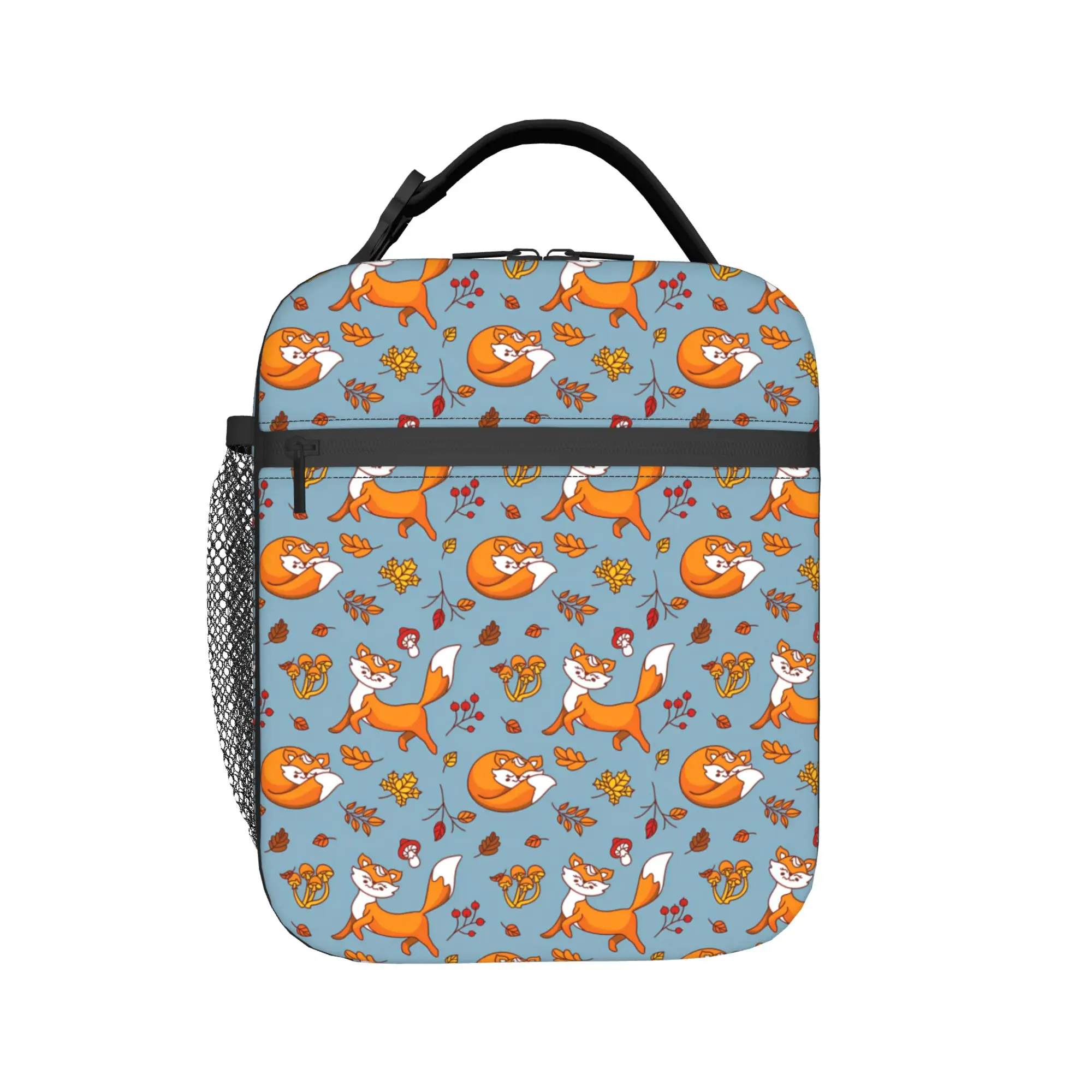 Lunch Bag Cute Foxes Light Blue Autumn Pattern Office Lunch Box For Child  Cute Portable Zipper Custom Thermal Tote Handbags