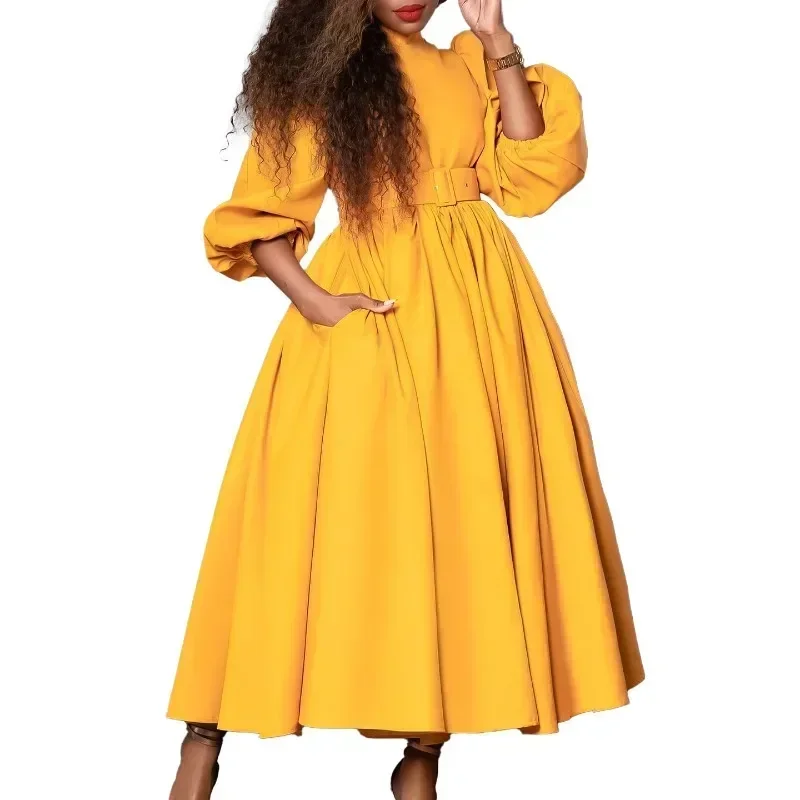 Women Dress A Line Pleated Mock Neck 3 4 Sleeves Elegant Office Ladies Work Wear Classy Church Female African Gowns Spring New