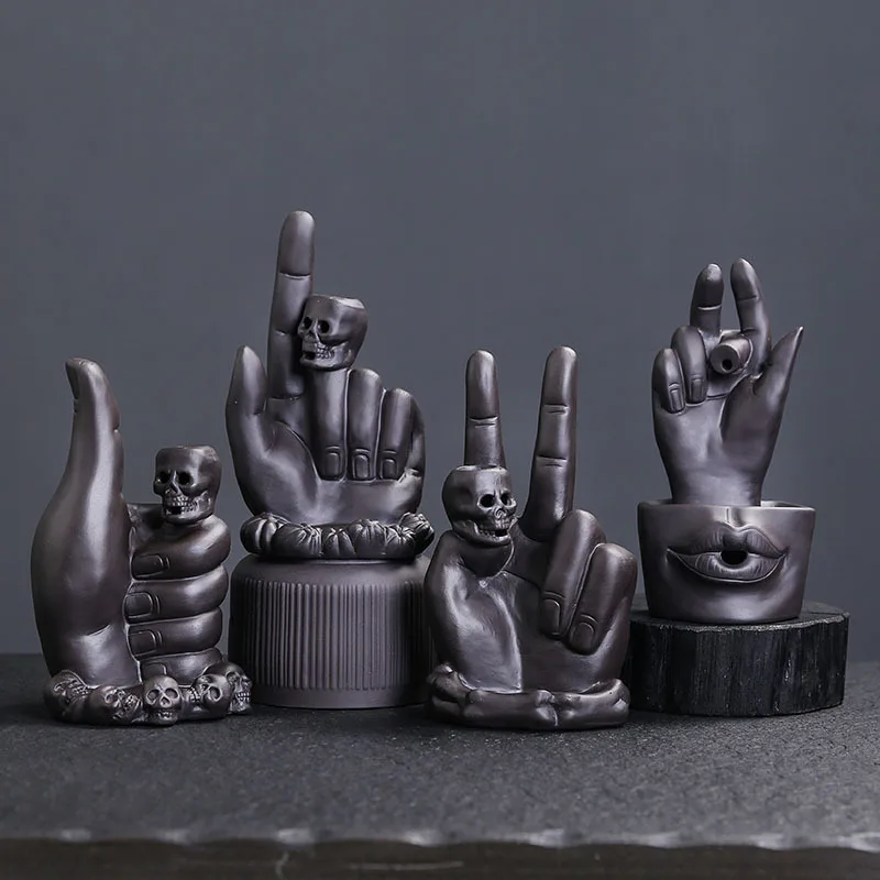 Skull Hand Sandalwood Backflow Incense Burner Yixing Clay Craft Home Decor