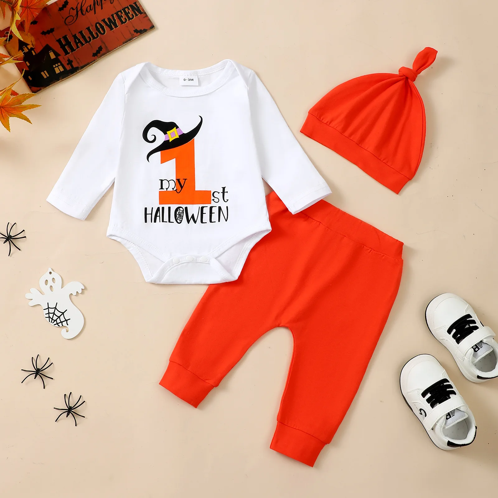 nfant Boy's Halloween Letter Print Long Sleeve round Neck Ensemble with Hat Baby Romper Outfit for Toddlers