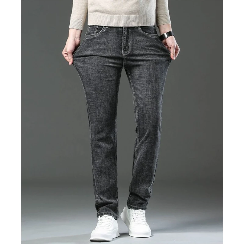 الخريف الشتاء القطن الرمادي رجالي سليم صالح مستقيم الجينز الأعمال عادية مطاطا كل مباراة سراويل أنيقة سراويل جينز الذكور العلامة التجارية #4