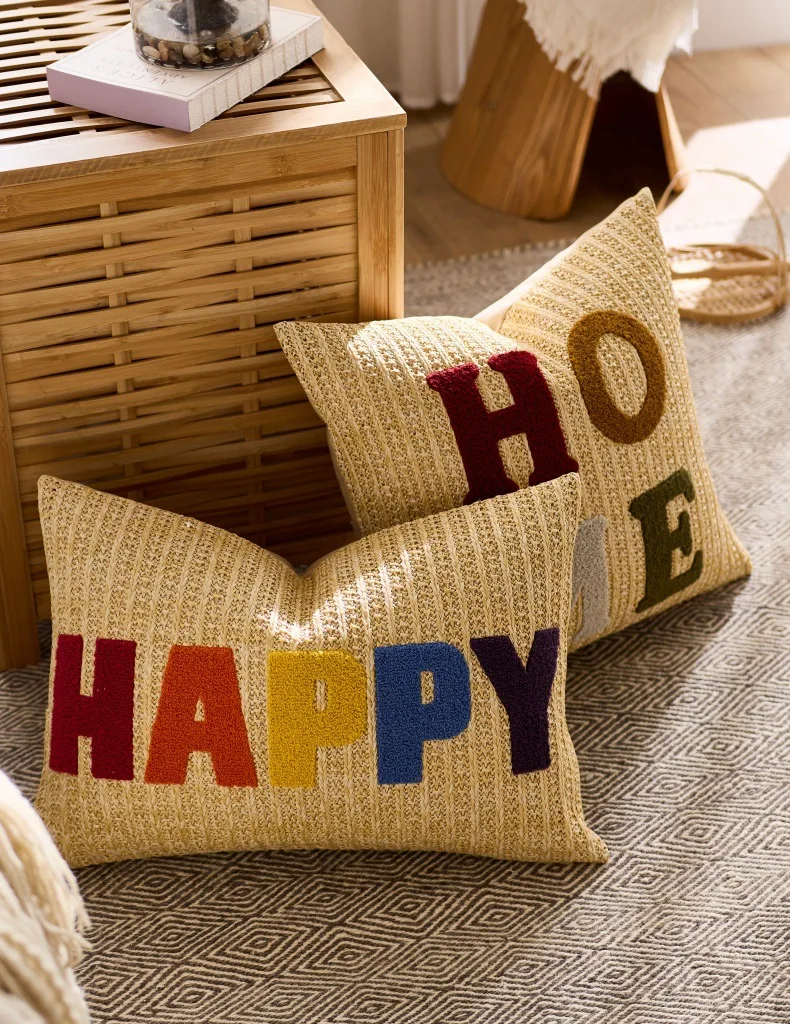 My Happy Home embroidered light yellow cushion cover woven pattern pillowcase sofa decoration