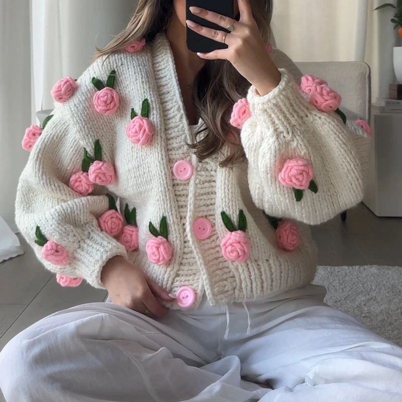 Vintage Knitted Cardigan 3D Flowers Button Closure Long Sleeve Knitwear Jacket Coats Women Autumn Y2K Aesthetic Cottage Sweater