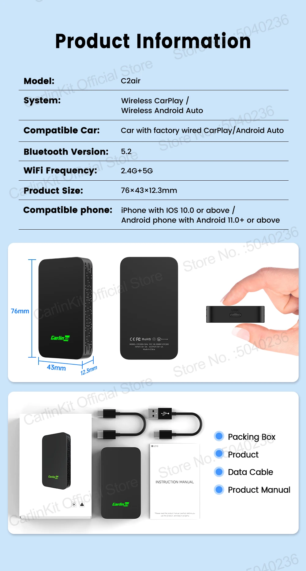 CarlinKit 5.0 C2Air 2-in-1 CarPlay Android Auto Wireless Adapter für kabelgebundene CarPlay- und Android-Auto-Fahrzeuge, Online-Upgrade, Plug & Play – Detail 13