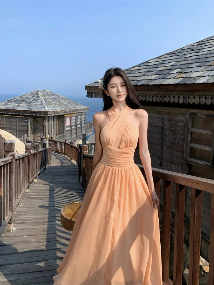 Abito lungo da spiaggia per le vacanze in Chiffon a trapezio con scollo a v profondo da donna Sexy senza maniche
