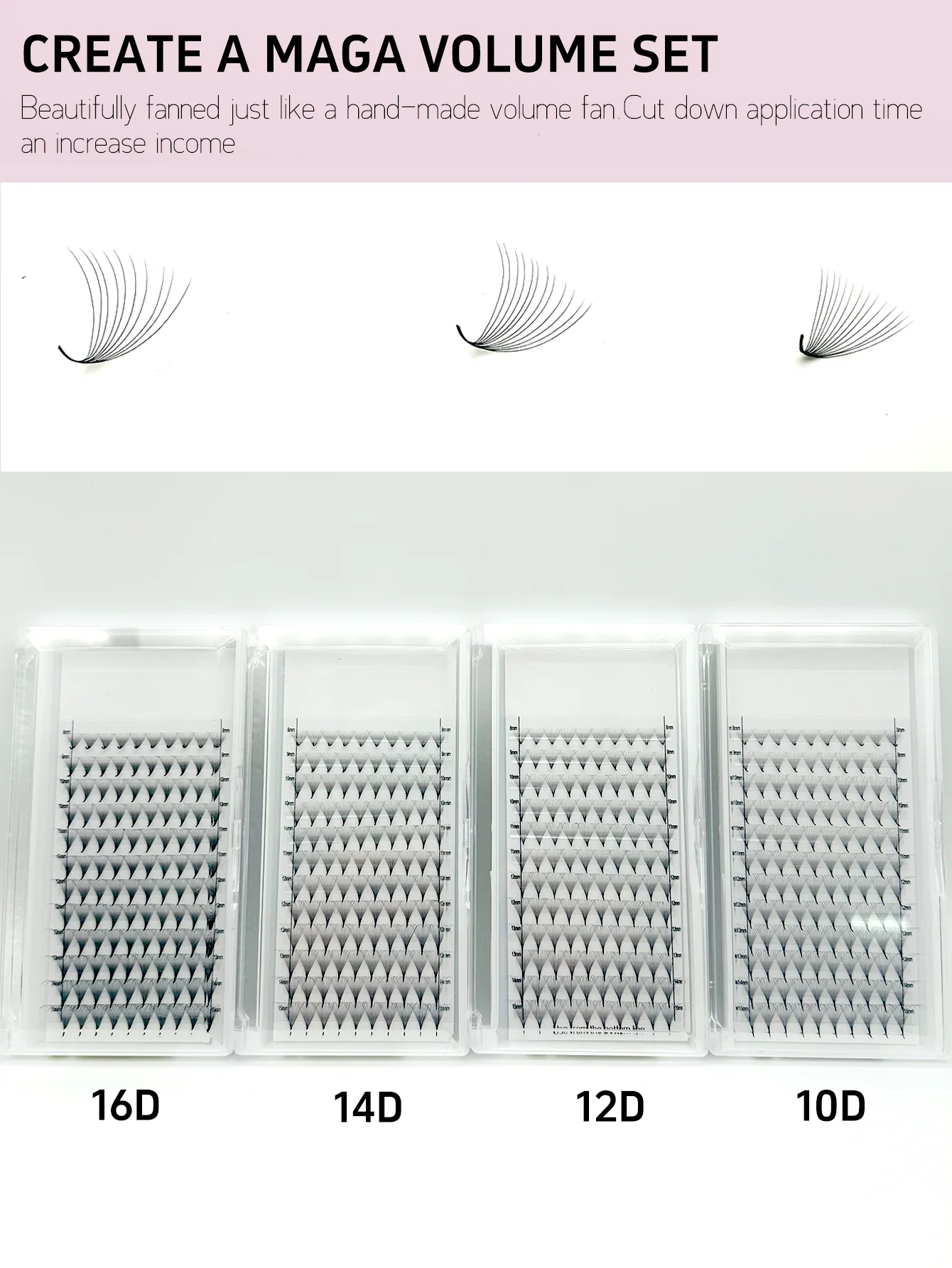 Premade Volume Pointy Base Eyelash Extension, 0.03mm thickness , 10D, 12D, 14D, 16D RUSSIAN Volume, C/D, Dark Black, 120Pcs