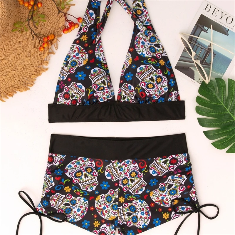 Square Neck Modest Bikini Set With Skull Print And Boyshorts  Western Style Beach Swimwear For Women Halloween Party Gothic