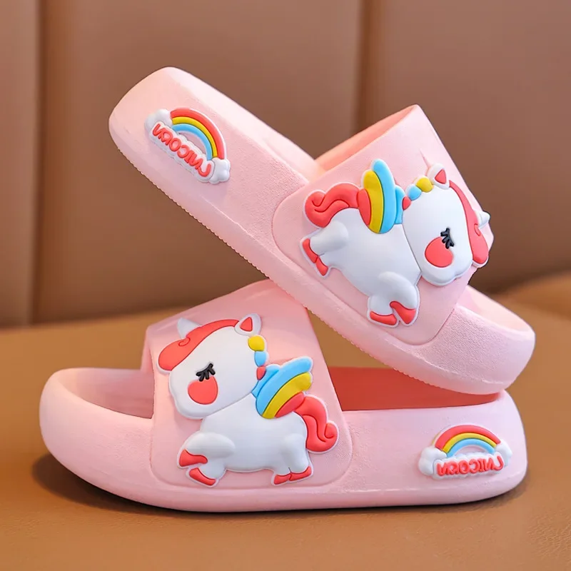 Children's Slippers for Girls Summer Cute Soft Bottom Anti-skid Solid Color Cartoon Unicorn Non-slip Bathroom Shoes Beach Shoes