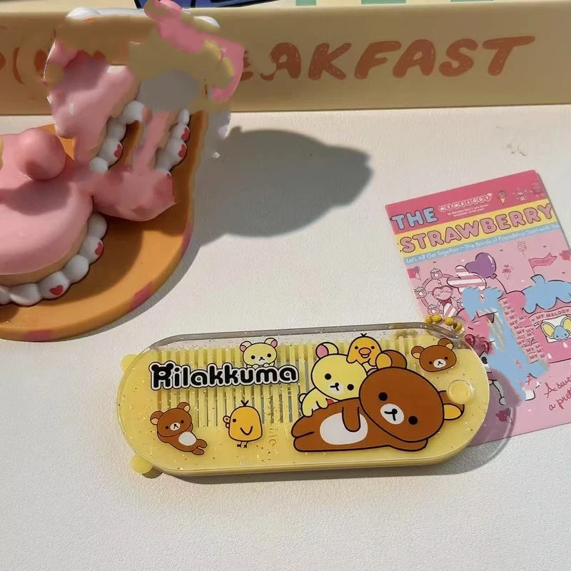 Rilakkuma Cute Cartoon 2 In 1 Folding Comb Mirror Portable Compact Women Girls Hair Brush Massage Smoothing Mirror Comb Set For view 3