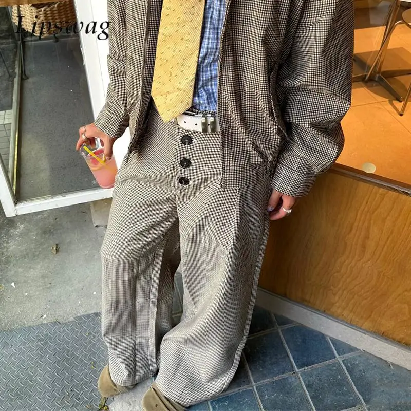 

Vintage Plaid Trousers Mens Streetwear Stylish Buttoned High Waisted Pants Men 2026 Spring Fall New Casual Loose Straight Pants