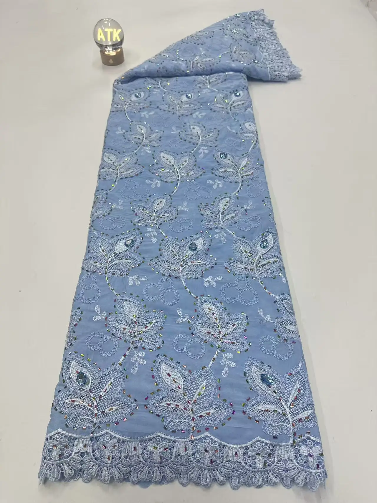 2026 High-Quality Nigerian Tulle Lace Fabric for Wedding Dress Embroidery Blue Stones Party Guipure Chiffon Sewing 5Yards H112-1