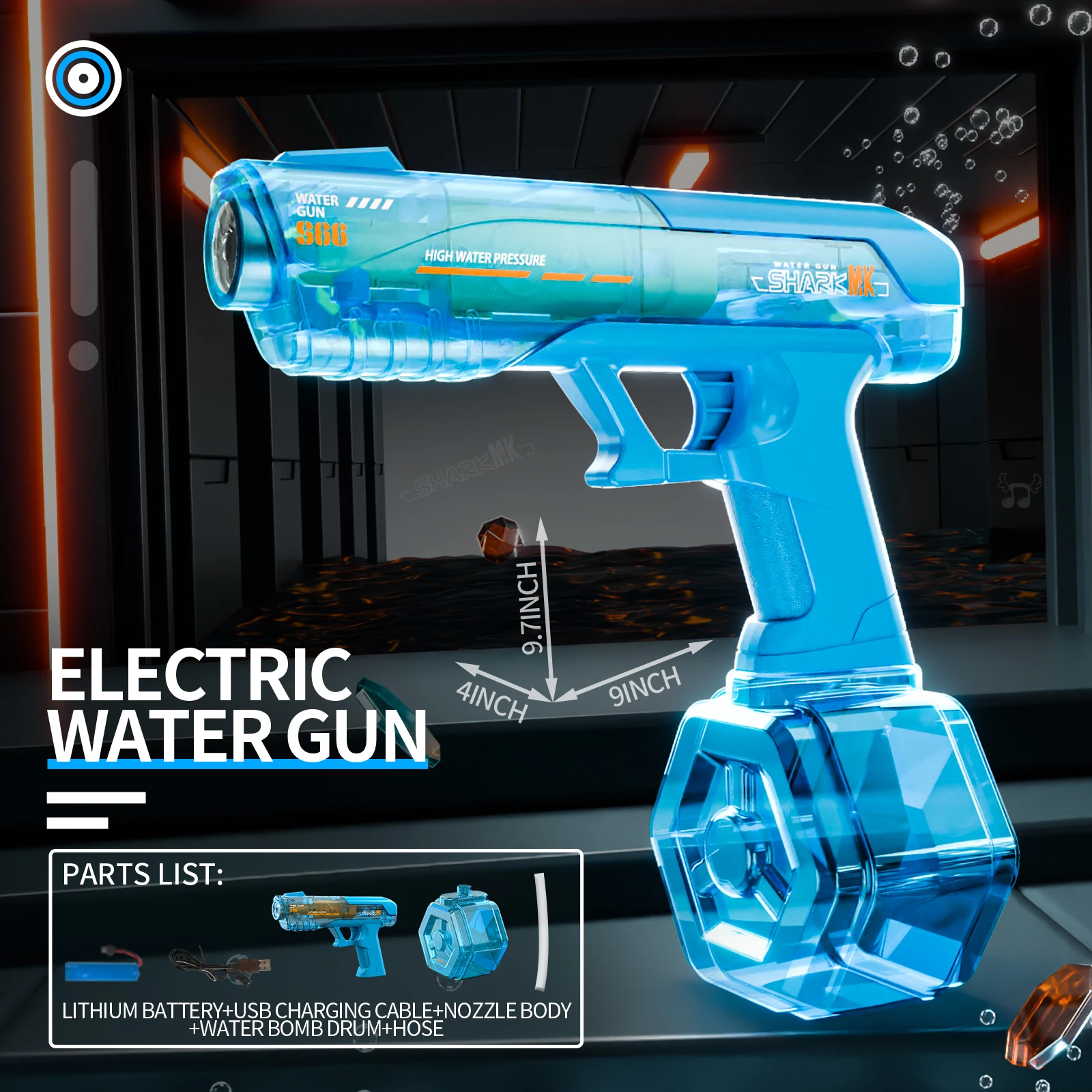Pistola de agua eléctrica con llama de bozal de pistola realista y juguete de fiesta de piscina de playa al aire libre de verano de gran capacidad