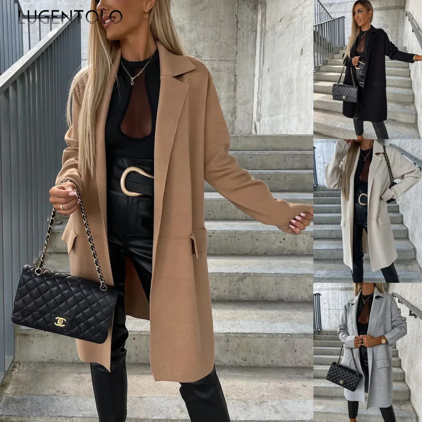 Women Loose Blends Coats New 2025 Autumn Thin Long Jacket Solid Lapel Pocket Fashion Casual Female Simple Elegant Outerwear