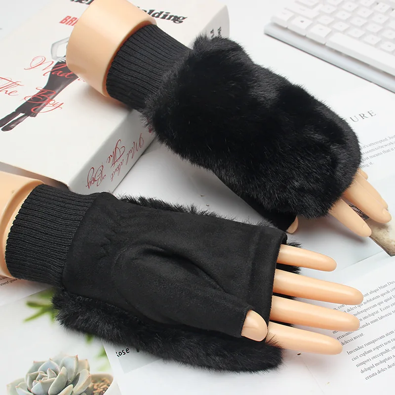 Women Lovely Autumn Winter Warm Suede Leather Splicing Plush Fingerless Knit Thick Glove Half Finger Touch Screen Mitten P75