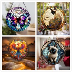 Butterfly Printed Stained Suncatcher Acrylic Round Ornament For Restaurant Home Room Wall Decoration Animals Pattern Art Gift