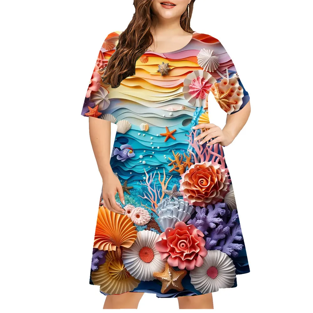 Plus Size Sundress Loose Beach Holidays Dresses For Women Casual Shell 3D Printed Short Sleeve Dress Summer Fashion Clothing 9XL