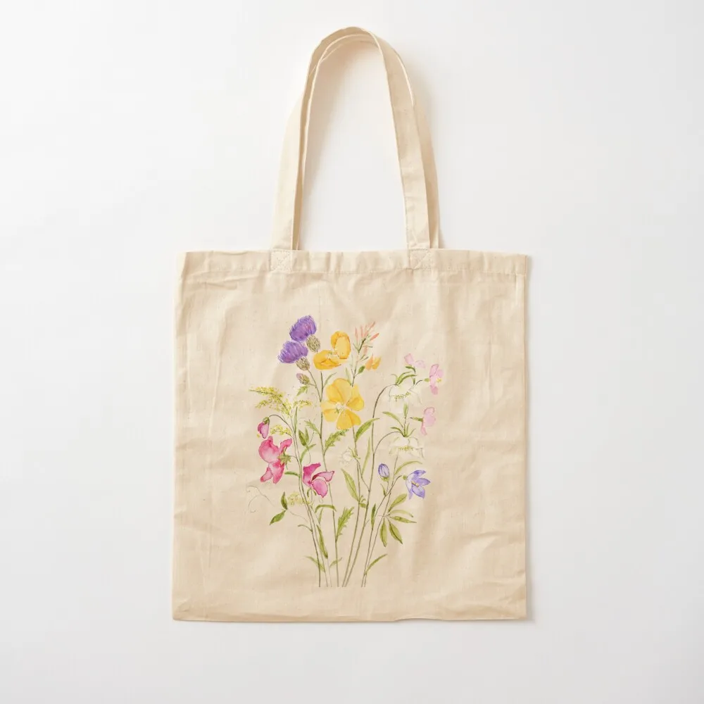 

hand painted pink yellow white and purple wildflower 2020 Tote Bag Women's beach bags Canvas shoulder bag cloth bag woman