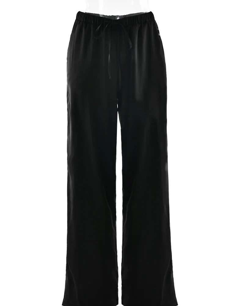 Articat Fashion Lace Satin Patchwork Slim Long Pants Women Solid Color Straight Pants Female Spring New Casual Home Pants 2026