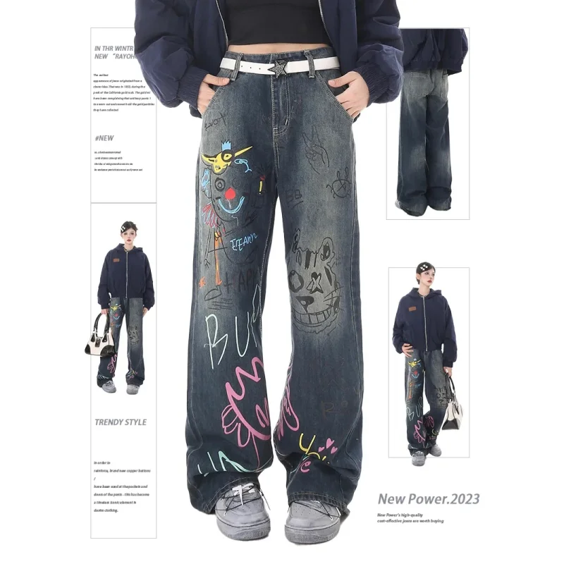 

Blue Womens Jeans Graffiti High Waist Straight Baggy Denim Pants American Korean Fashion 2024 Y2K Female Wide Leg Denim Trouser